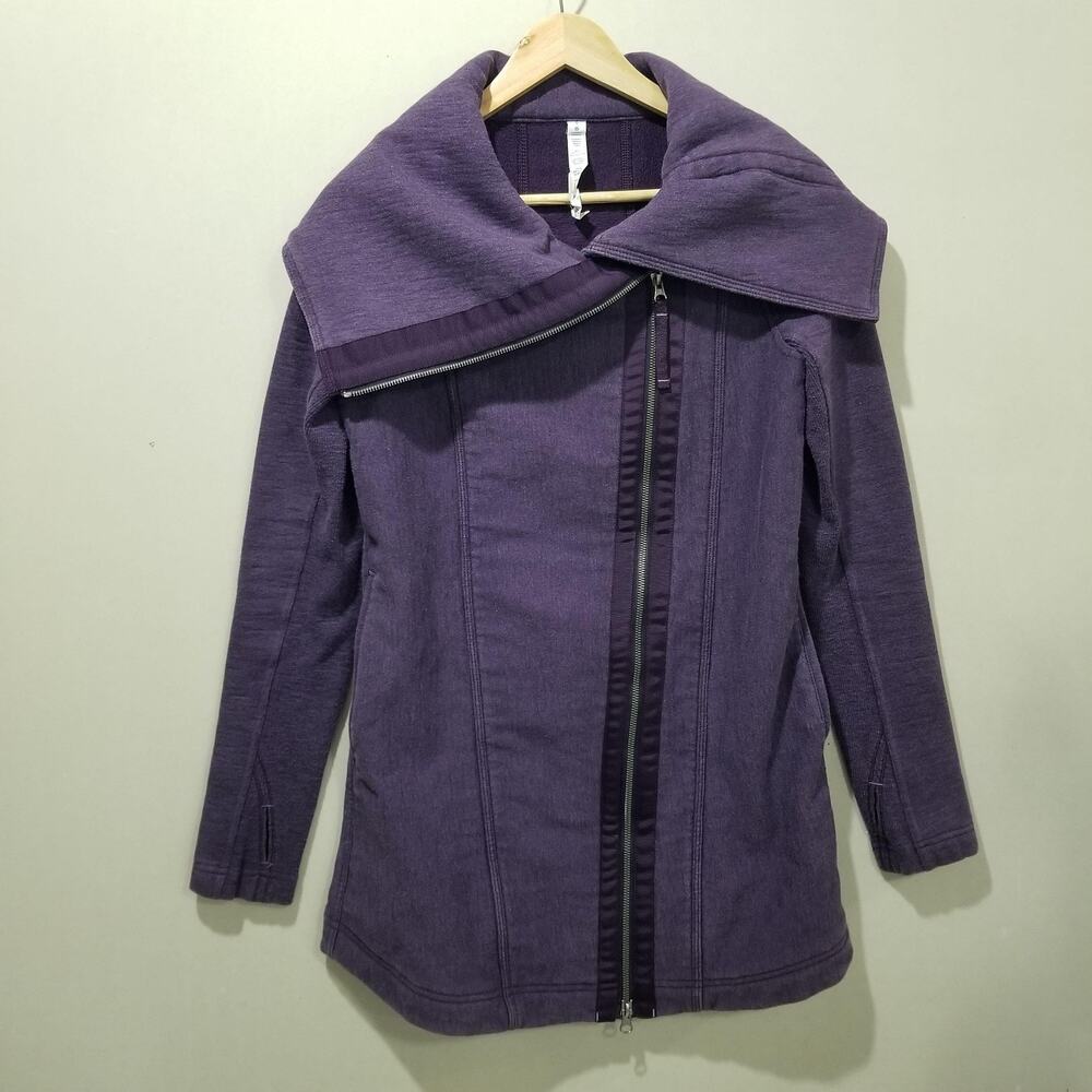 Lululemon Jacket Womens 6 Purple Don't Hurry Be Happy Asym Zip Cowl Neck Long